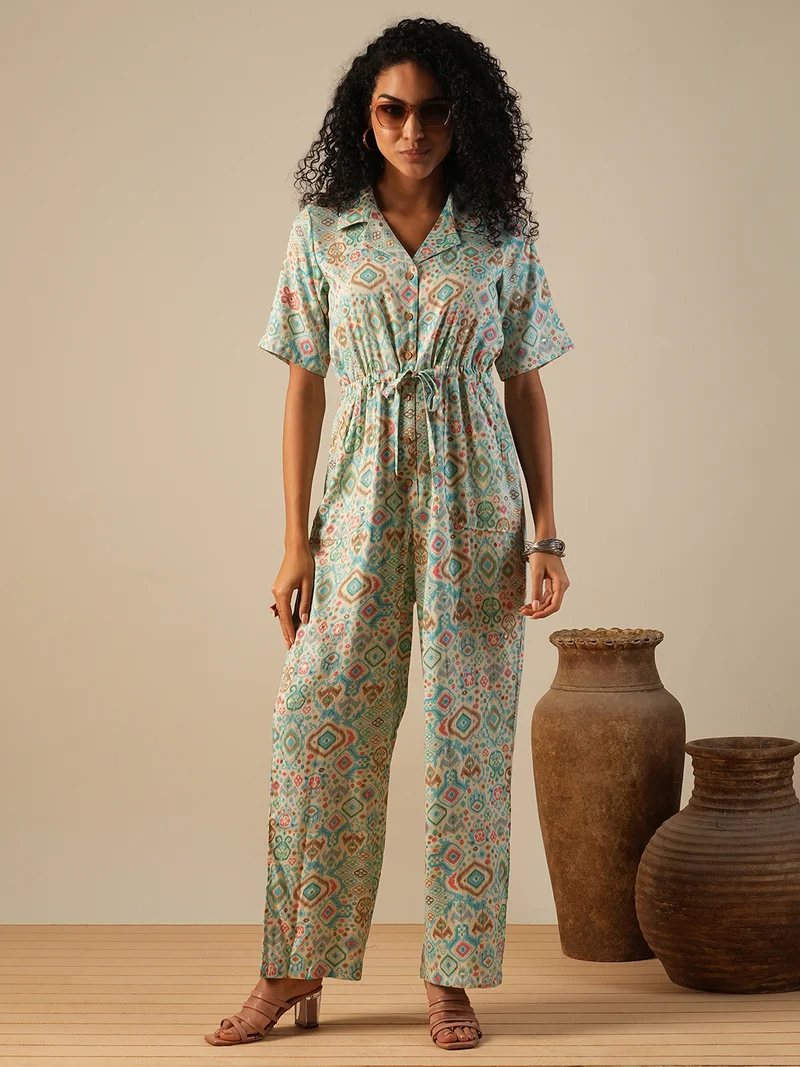globus Women Cuban Collar Geometric Print Waist Tie-Ups Fusion Jumpsuit