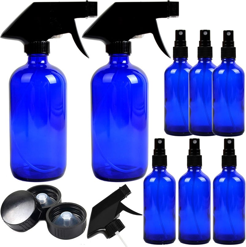 Youngever 8 Pack Empty Cobalt Blue Glass Spray Bottles, 2 Pack 8 Ounce and 6 Pack 4 Ounce Refillable Containers for Essential Oils, Durable Black Trigger Sprayer Fine Mist and Stream