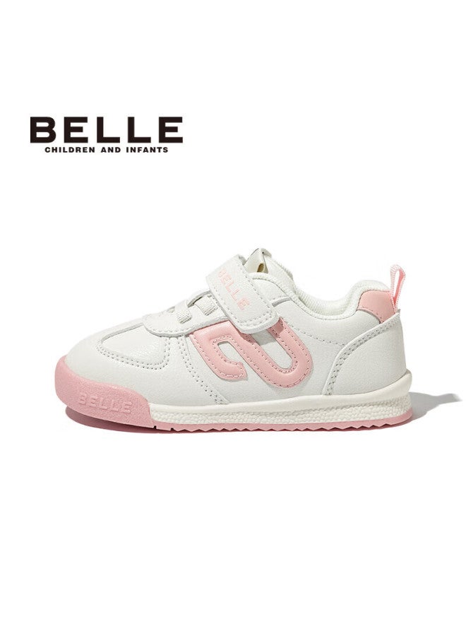 Belle Children's Shoes, Soft-soled Sneakers, Spring White Shoes, Kids' Sports Shoes, Baby Fashion Casual Shoes, Beige/pink, Size 30 - Image 1