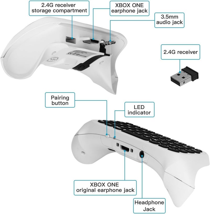 Megadream Xbox One Wireless Chatpad Keyboard with 3.5mm Audio Jack for Microsoft Xbox One & Xbox One Slim Controller, PC – 2.4G USB Receiver & Charge Cable Included - White - Image 5