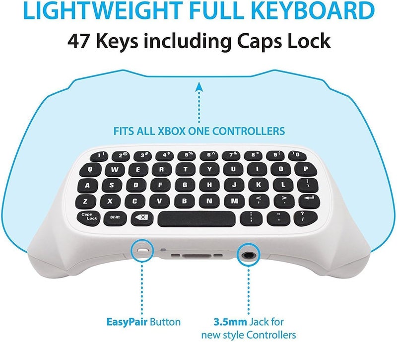 Megadream Xbox One Wireless Chatpad Keyboard with 3.5mm Audio Jack for Microsoft Xbox One & Xbox One Slim Controller, PC – 2.4G USB Receiver & Charge Cable Included - White - Image 2