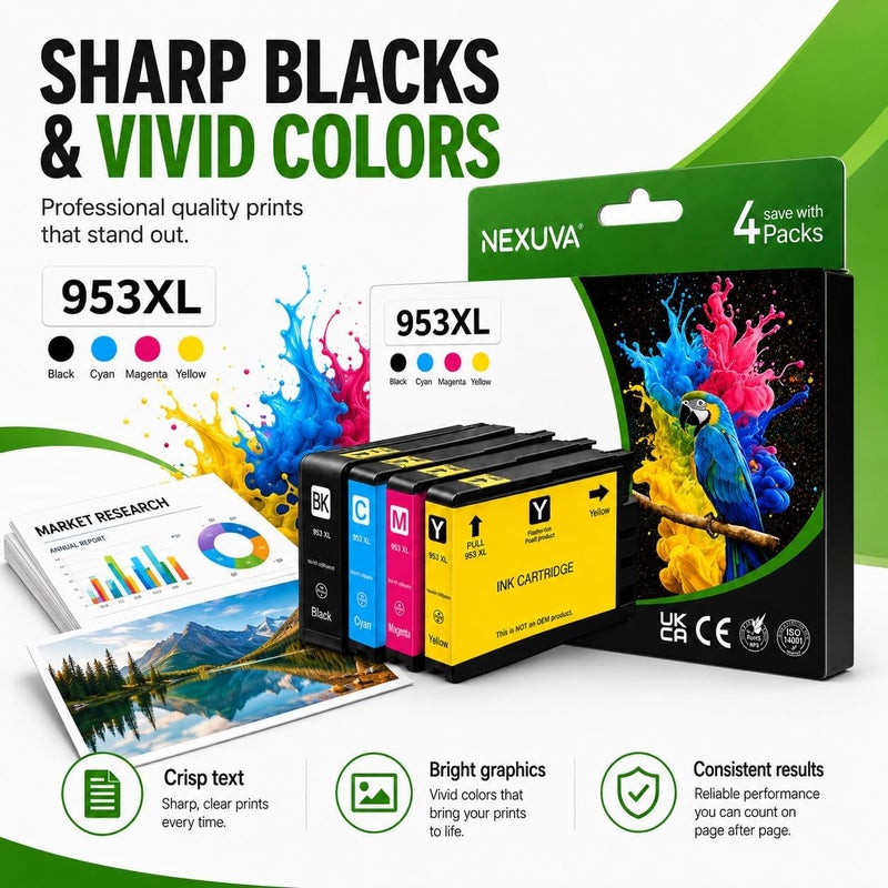 نيكسوفا عبوة متعددة من خراطيش الحبر 953XL، متوافقة مع HP Officejet Pro 7740 8710 8720 8730 8740، أسود، سماوي، أرجواني، أصفر، 4 قطع - Image 5