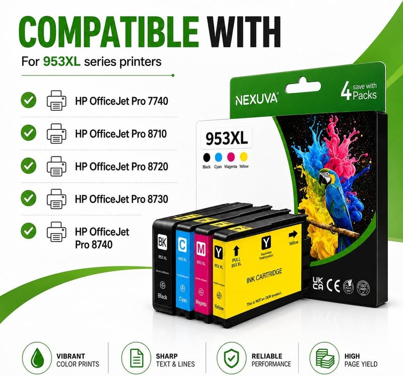 نيكسوفا عبوة متعددة من خراطيش الحبر 953XL، متوافقة مع HP Officejet Pro 7740 8710 8720 8730 8740، أسود، سماوي، أرجواني، أصفر، 4 قطع - Image 3