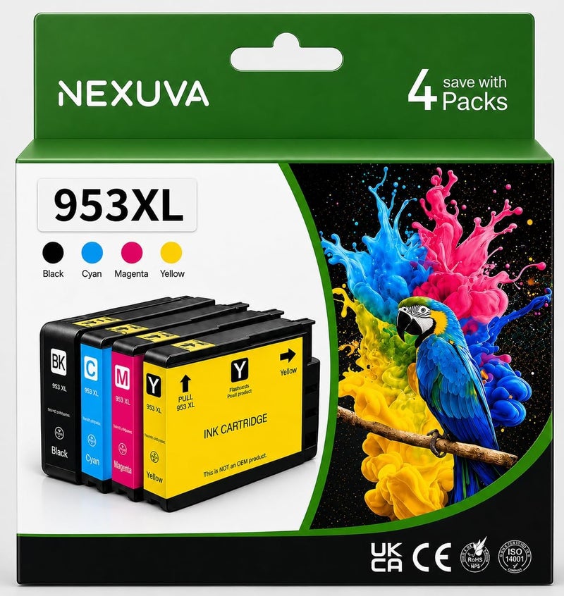 نيكسوفا عبوة متعددة من خراطيش الحبر 953XL، متوافقة مع HP Officejet Pro 7740 8710 8720 8730 8740، أسود، سماوي، أرجواني، أصفر، 4 قطع - Image 1