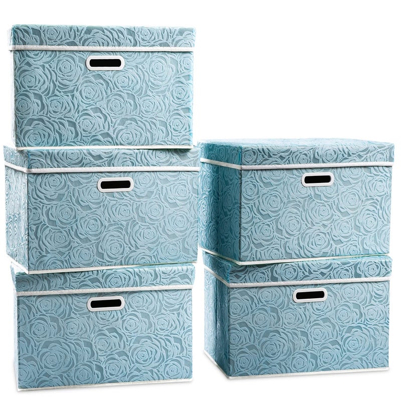 PRANDOM Stackable Storage Cubes with Lids [5-Pack] Fabric Decorative Storage Box Bins Organizer Containers Baskets with Cover Handles Divider for Bedroom Closet Living Room Blue 14.9x9.8x9.8 Inch - Image 1