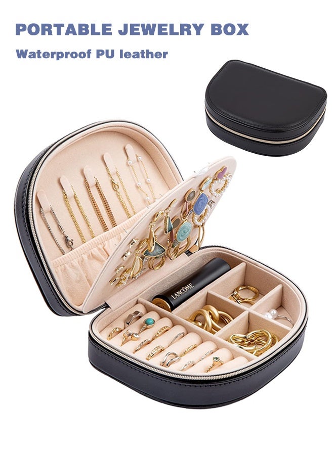 Sweet Life Travel Size Jewelry Box, Medium Portable Seashell-Shaped Jewelry Case, 2 Layer Jewelry Organizer in PU Leather for Women -Black - Image 1