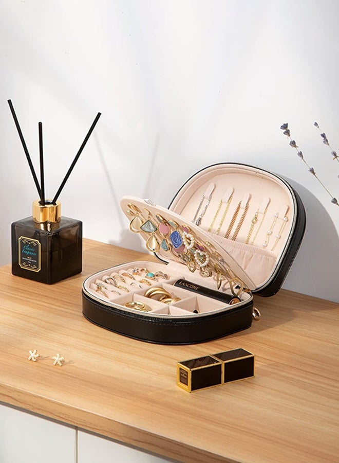 Sweet Life Travel Size Jewelry Box, Medium Portable Seashell-Shaped Jewelry Case, 2 Layer Jewelry Organizer in PU Leather for Women -Black - Image 3