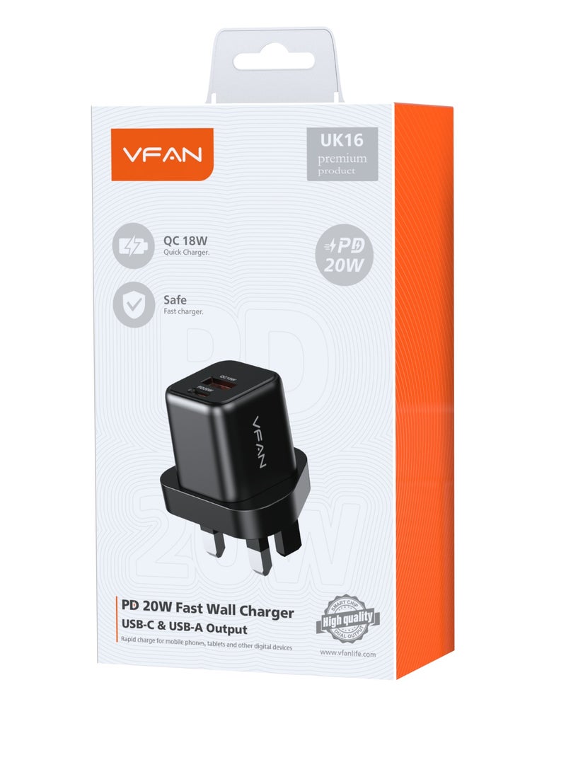 VFAN 20W Dual Port Fast Wall Charger UK16-Black - Image 1