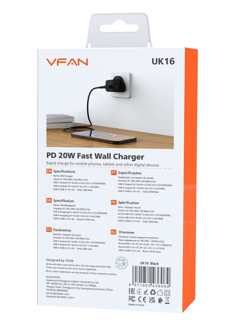 VFAN 20W Dual Port Fast Wall Charger UK16-Black - Image 2