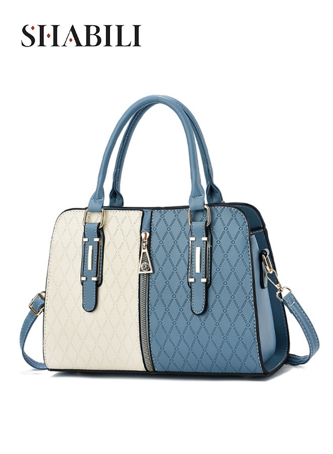Women PU Shoulder Crossbody Tote Satchel Handbag, Ladies Large Capacity Multi-Pocket Color-Block Stitch Bag with Dual Zippers & Detachable Strap for Teenager Youth Smart Casual Travel (Blue Beige)
