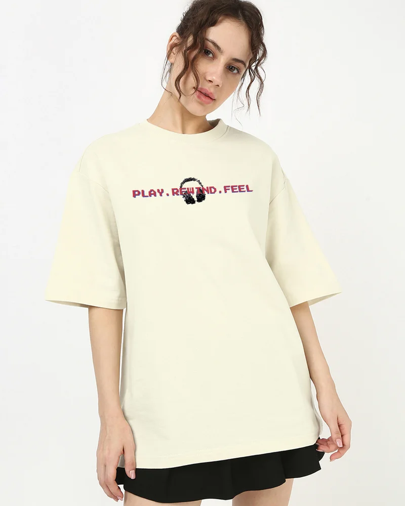 bewakoof Women's Beige Vibe All Day Graphic Printed Oversized T-shirt