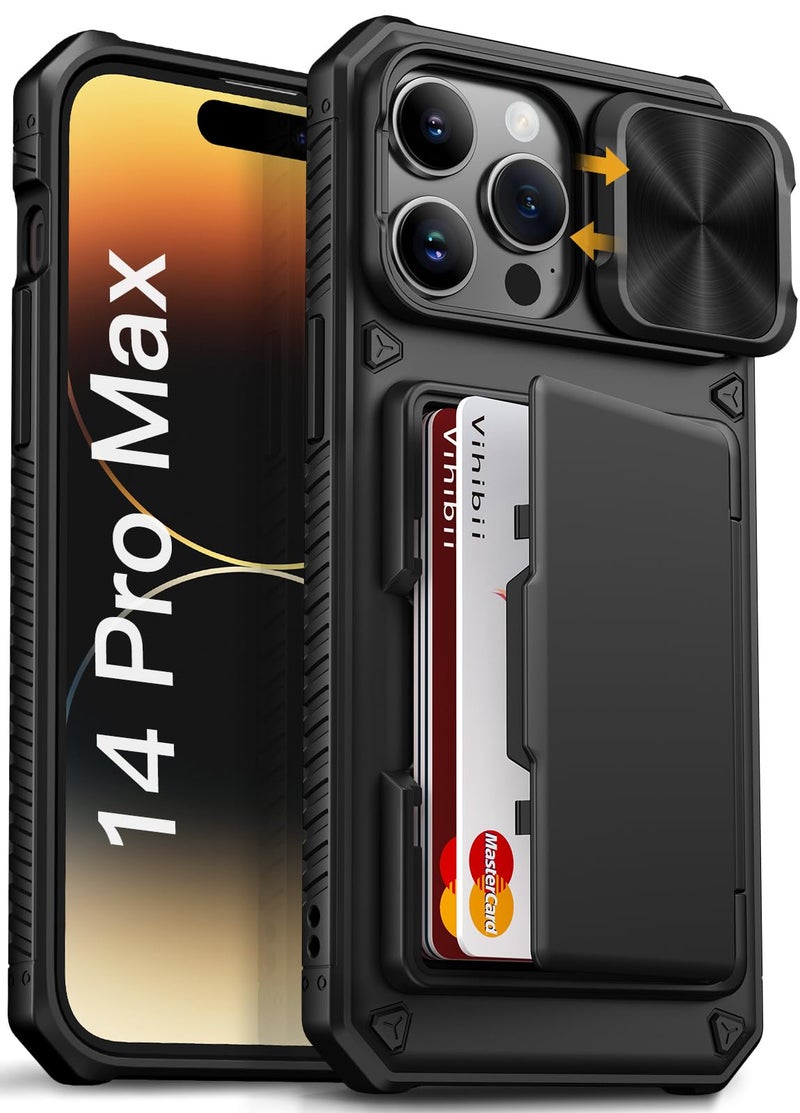 Vihibii for iPhone 14 Pro Max Case with Card Holder (4 Cards) [RFID Blocking] & Slide Camera Cover, Military Grade Drop Protection, Rugged Hard Back & Silicone Edge Wallet Case, 6.7" 2022, Black - Image 1