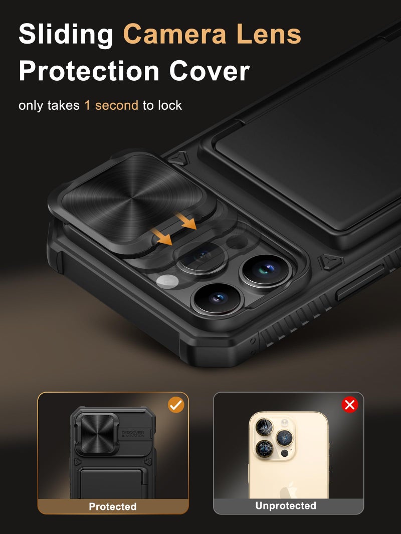 Vihibii for iPhone 14 Pro Max Case with Card Holder (4 Cards) [RFID Blocking] & Slide Camera Cover, Military Grade Drop Protection, Rugged Hard Back & Silicone Edge Wallet Case, 6.7" 2022, Black - Image 4