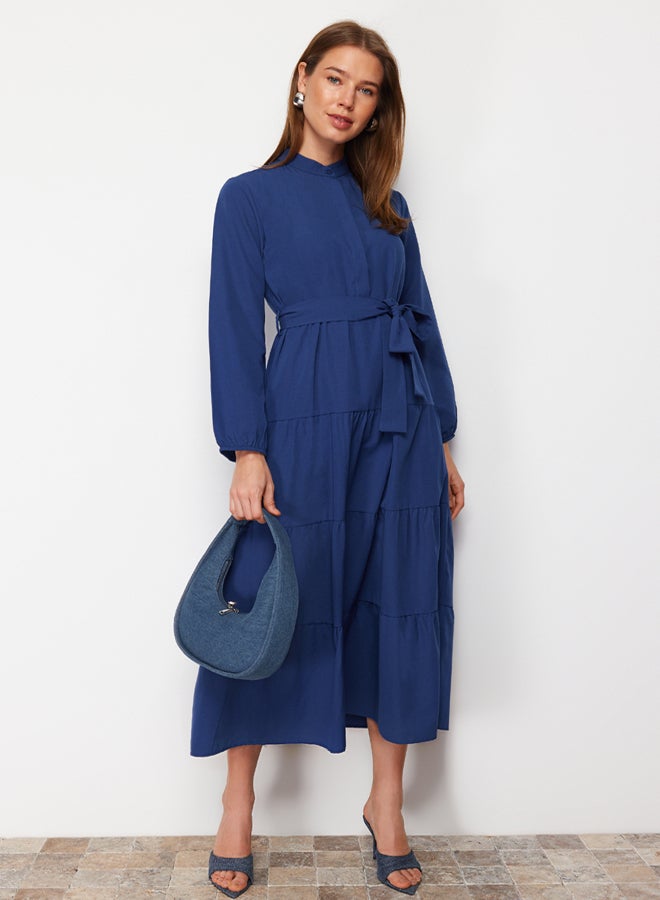 trendyol Saxe Blue Belted Grand Collar Button Detailed Woven Dress TCTSS21EL3343  - Image 1