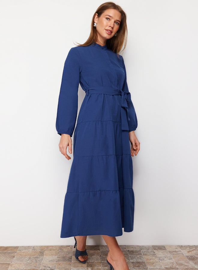 trendyol Saxe Blue Belted Grand Collar Button Detailed Woven Dress TCTSS21EL3343  - Image 3