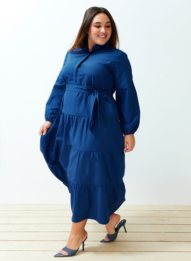 trendyol Saxe Blue Belted Grand Collar Button Detailed Woven Dress TCTSS21EL3343  - Image 4