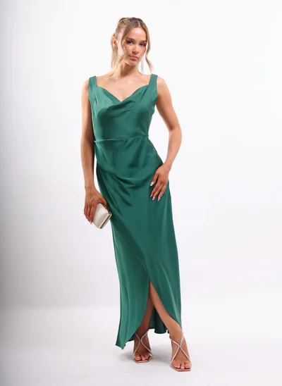 Faia COWL WRAP SATIN DRESS IN EMERALD