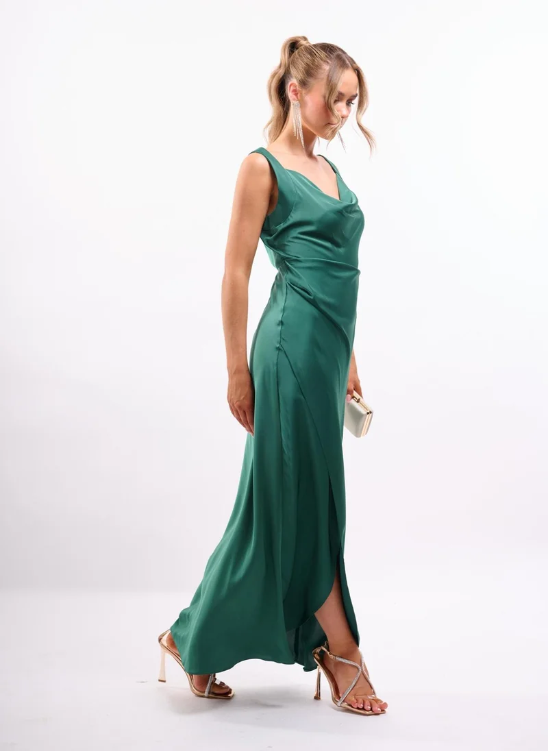 Faia COWL WRAP SATIN DRESS IN EMERALD