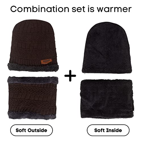 Aavjo Woolen Beanie Cap with Neck Warmer Muffler | Thermal Winter Hat Set for Men Women | Soft Fleece Inner Lining | Acrylic Knit Material | Brown - Image 3