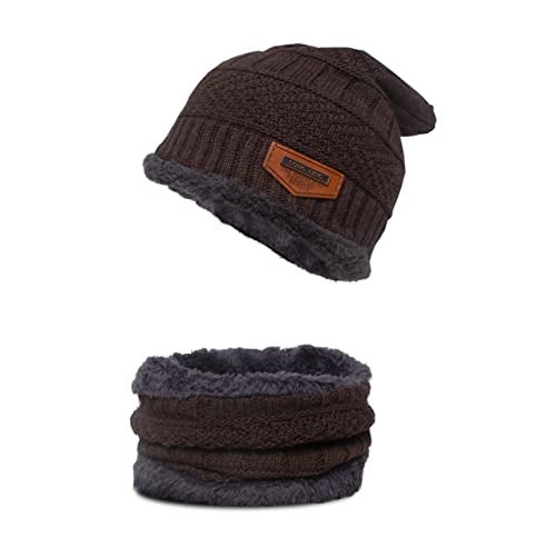 Aavjo Woolen Beanie Cap with Neck Warmer Muffler | Thermal Winter Hat Set for Men Women | Soft Fleece Inner Lining | Acrylic Knit Material | Brown - Image 1