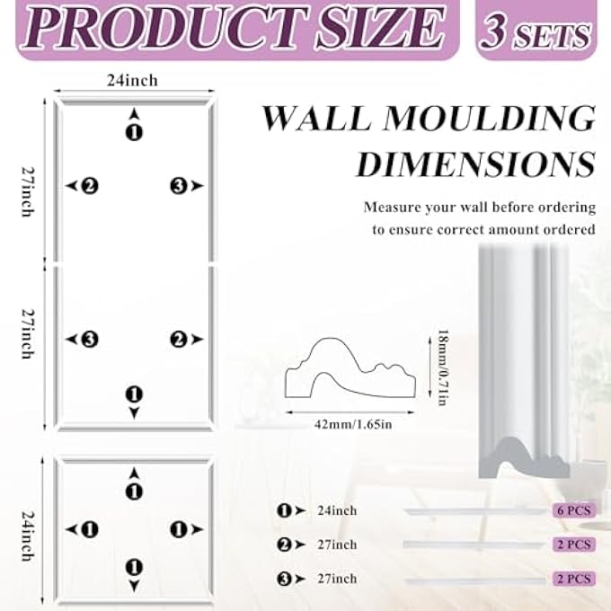 3 SETS WALL MOLDING KIT PRE-CUT WAINSCOT WALL PANEL PREMADE WAINSCOTING PANELS FOR INTERIOR MOLDED HOME MOULDING DECORATION SECTIONAL SIZE 42 X 18 MM - Image 3