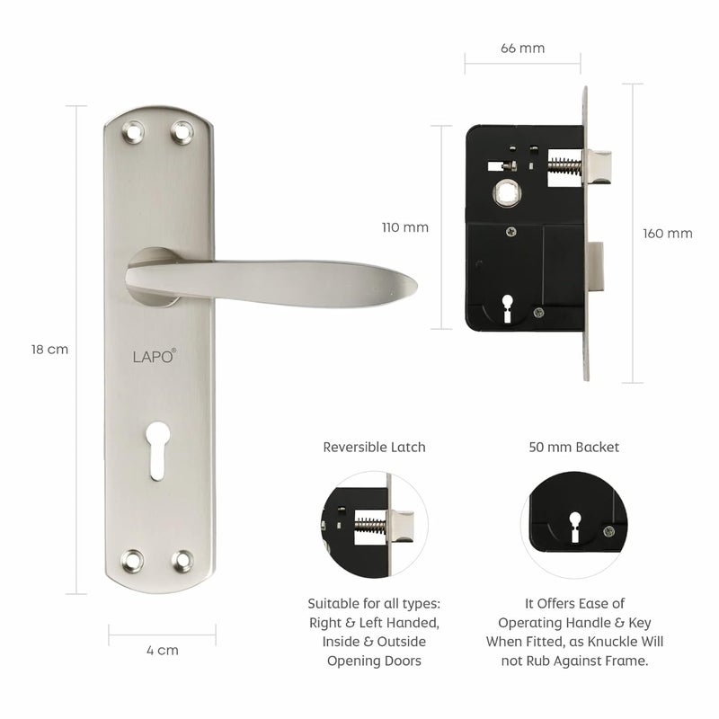 LAPO Lapo Handled Mortise Door Lock with Door Handle Heavy Duty Safety Door Locks for Main Door Bedroom Balcony Home Office Locks with Push Latching for 3 Keys Matt Finish 3 Years Warranty Ro703  - Image 5