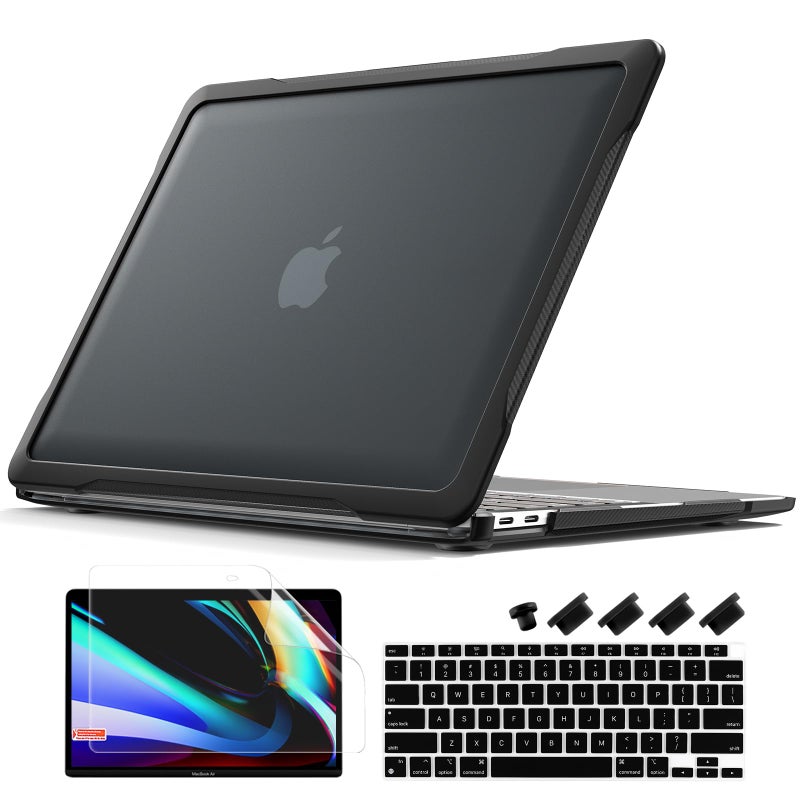 Batianda 4-in-1 Ultimate Case for MacBook Air 13 inch 2020 2019 Release Model A2337 M1 Chip A2179 A1932 - Matte Translucent Rugged Armor Shell with Carbon Fiber Texture Grip Shockproof Bumper - Black - Image 1