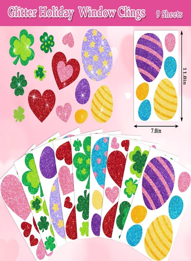 وولاين مجموعة ملصقات نوافذ لامعة من والين، 9 أوراق، لعيد الحب، عيد القديس باتريك، وعيد الفصح، بتصميمات على شكل قلب وبيضة برسيم، قابلة لإعادة الاستخدام، مضادة للصدمات، لتزيين النوافذ في حفلات الأعياد. - Image 5