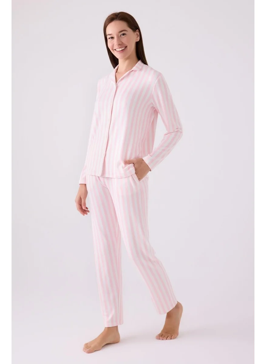 Arnetta Women's Pink Pajama Set, Buttoned Down, Pink and White Striped