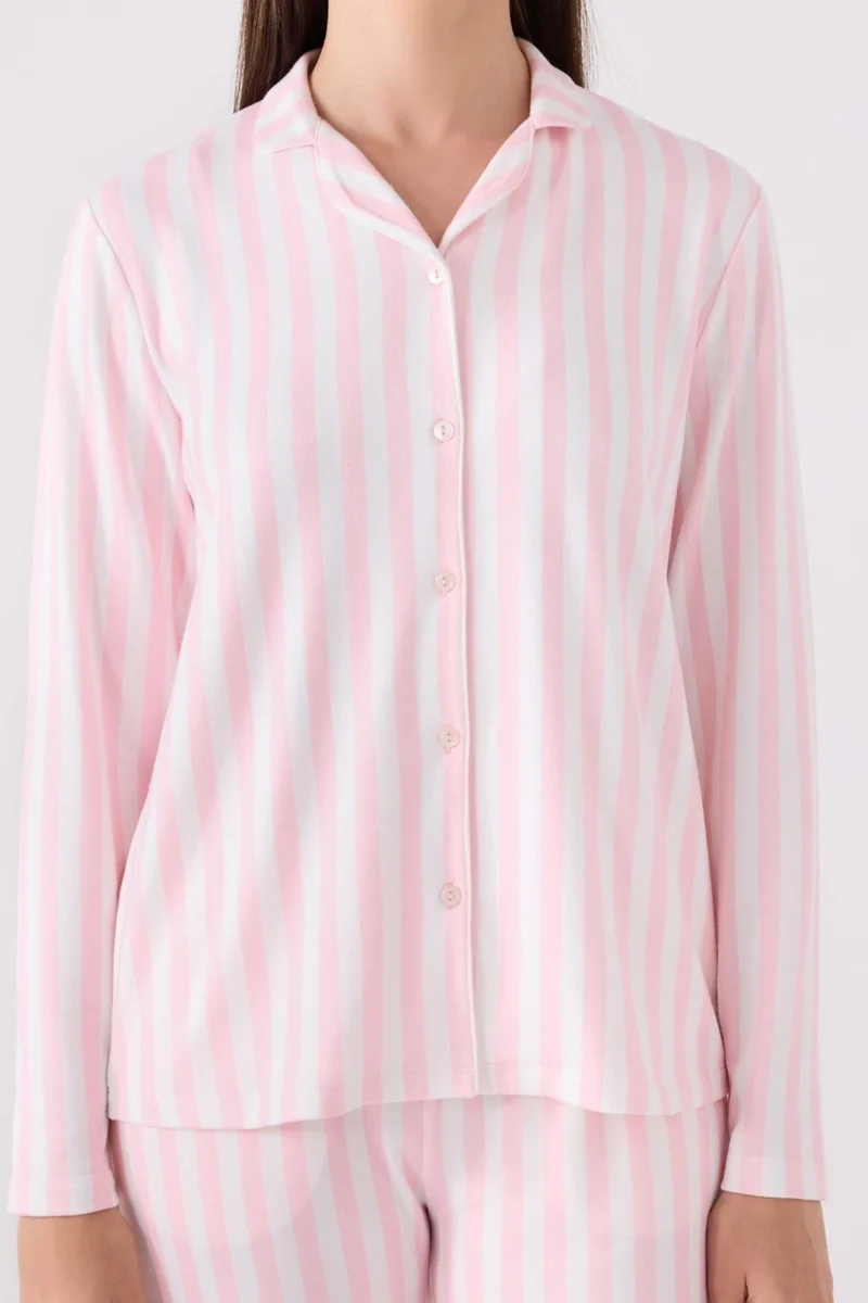 Arnetta Women's Pink Pajama Set, Buttoned Down, Pink and White Striped