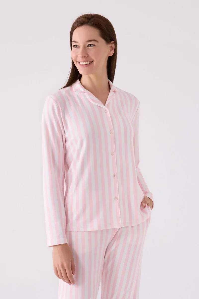 Arnetta Women's Pink Pajama Set, Buttoned Down, Pink and White Striped