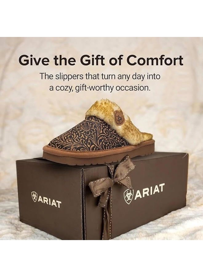 ARIAT Women's Jackie Square Toe Embossed Tooling Warm Soft Comfortable Genuine Full-Grain Leather Indoor Outdoor Slippers, Brown, 8 - Image 4