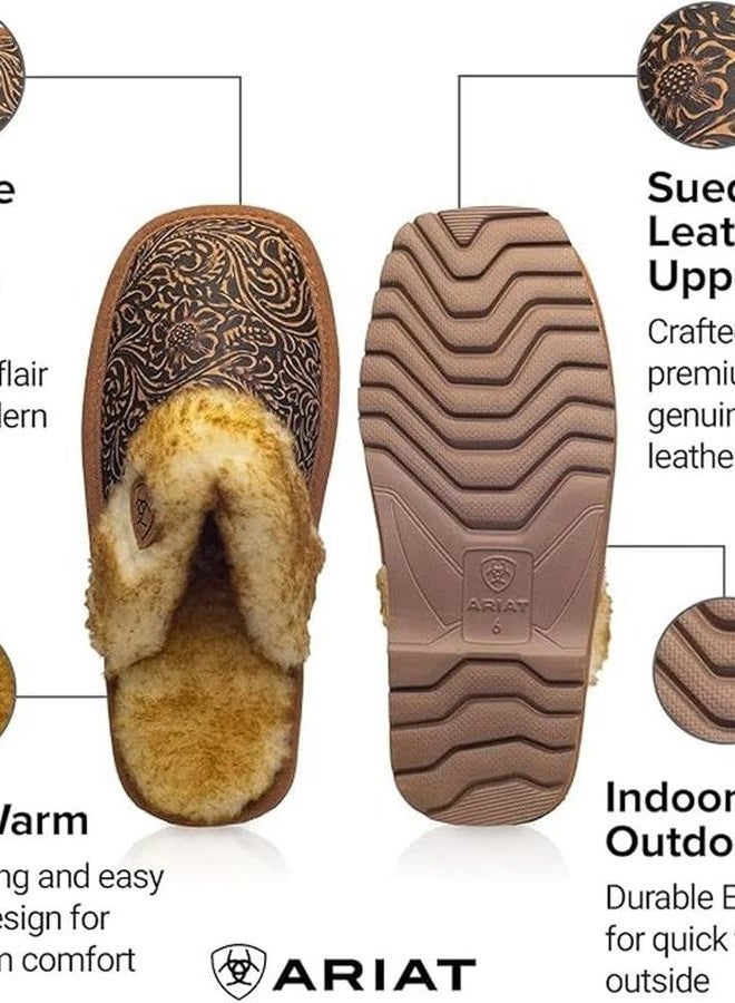 ARIAT Women's Jackie Square Toe Embossed Tooling Warm Soft Comfortable Genuine Full-Grain Leather Indoor Outdoor Slippers, Brown, 8 - Image 3
