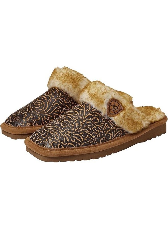 ARIAT Women's Jackie Square Toe Embossed Tooling Warm Soft Comfortable Genuine Full-Grain Leather Indoor Outdoor Slippers, Brown, 8 - Image 1