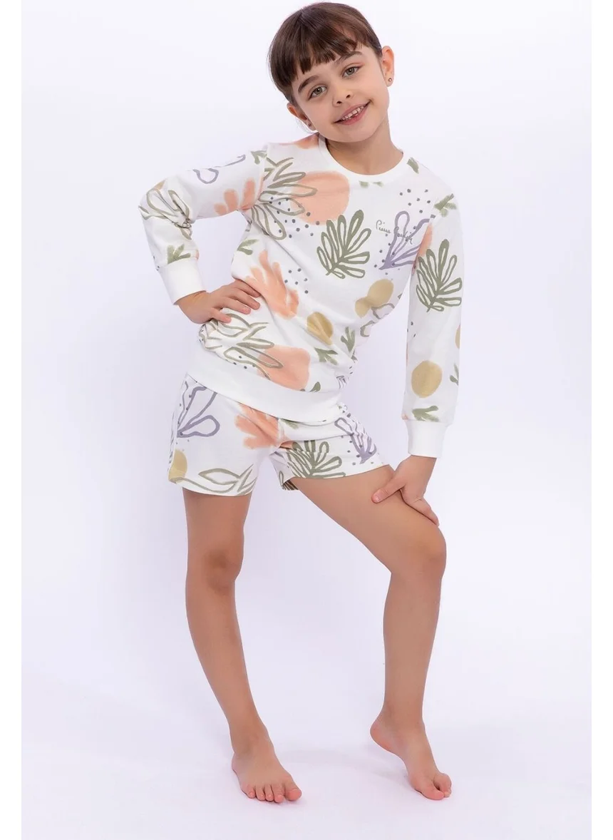 بيير كاردان Soft Leaf Pattern Cream Girls' Long Sleeve Shorts Set