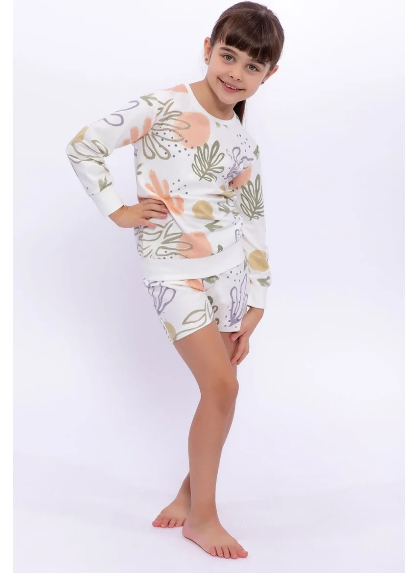 بيير كاردان Soft Leaf Pattern Cream Girls' Long Sleeve Shorts Set