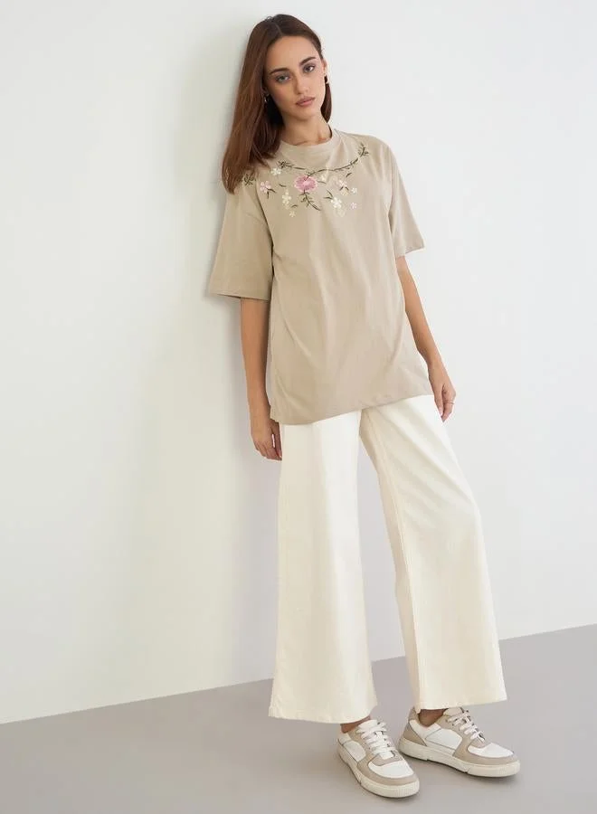 Styli Beige Embroidered Floral Oversized T-Shirt