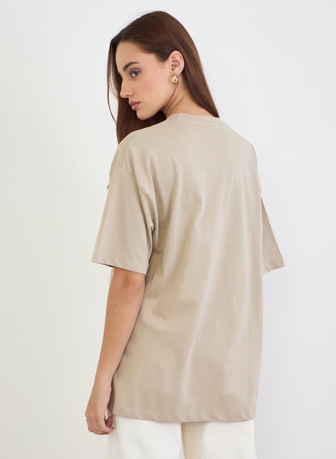Styli Beige Embroidered Floral Oversized T-Shirt - Image 5