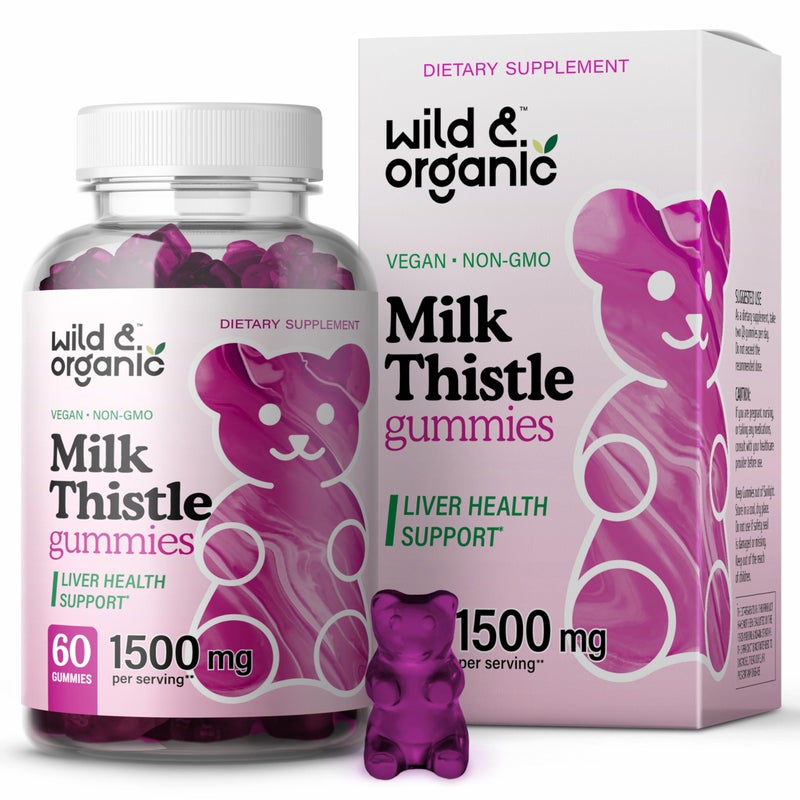 Wild & Organic Wild Organic Milk Thistle Gummies 1500mg Herbal Supplement for Liver Cleanse Detox Silymarin Milk Thistle Liver Detox Gummies 60 Vegan NonGMO Chews 