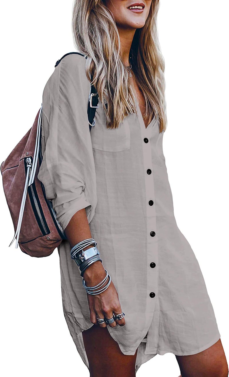 POGTMM Women Swimsuit Cover up, Silky Button Down Shirt Midi Dress Kimono, Summer Bathing Suit Beach Coverups for Women (M, Grey) - Image 1