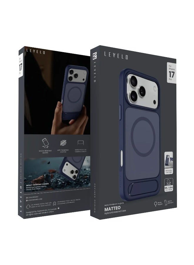 LEVELO iPhone 17 Pro Matteo Case With Bottom Stand Grip / Strong Magnets / Anti-Fingerprint Coating / Raised Bezels for Camera & Screen / Shock-Resistant Bumper - Dark Blue - Image 3