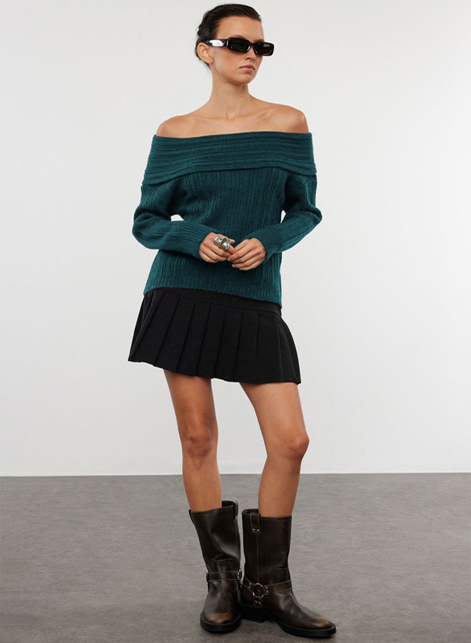 trendyol Emerald Green Soft Textured Carmen Collar Knitwear Sweater - Image 3