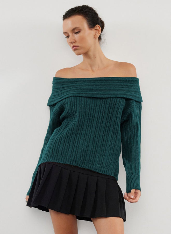 trendyol Emerald Green Soft Textured Carmen Collar Knitwear Sweater - Image 2