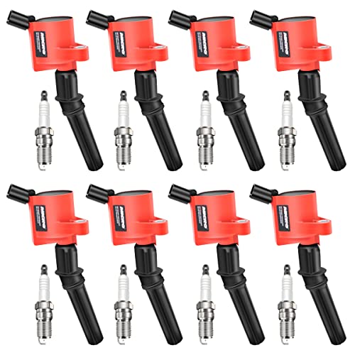 Micro Set of 8 Curved Boot Red Ignition Coil Pack DG508&Iridium Spark Plugs SP479 Compatible with Ford F150 F250 Crown Victoria Expedition Lincoln Mercury 4.6L 5.4L Replacement for DG491 DG481 FD503 - Image 1