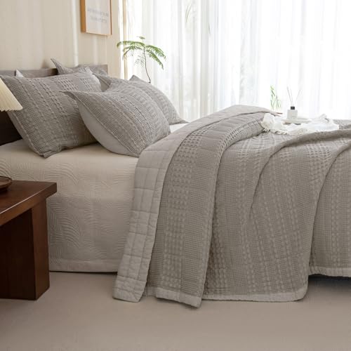 CozyTide Oversized King Bedspread 128x120100 Cotton Dark Khaki Waffle King Quilt Bedding Set Oversized3 Pieces Lightweight Extra Large Farmhouse Bedspread Coverlet Sets Ultra Soft - Image 3