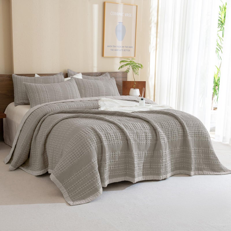 CozyTide Oversized King Bedspread 128x120100 Cotton Dark Khaki Waffle King Quilt Bedding Set Oversized3 Pieces Lightweight Extra Large Farmhouse Bedspread Coverlet Sets Ultra Soft - Image 2