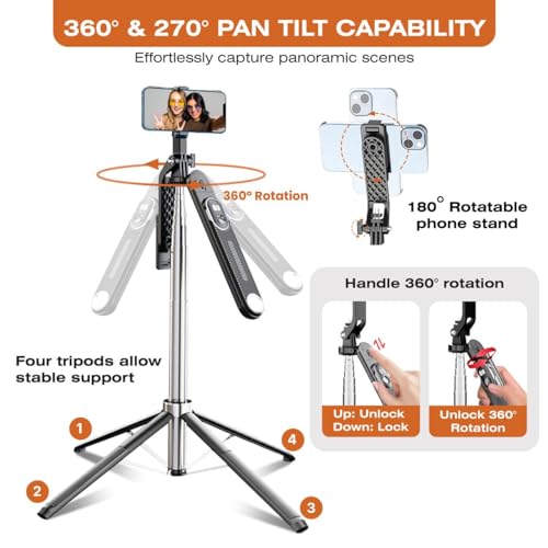 Dravina Selfie Stick with Rechargeable Remote. 180cm Tripod Stand with Stable 4 Leg Design, 360° Rotation, 270° Tilt, Balance Handle Tripod for iPhone, Camera, Gopro, Ring Light, Shooting - Image 4