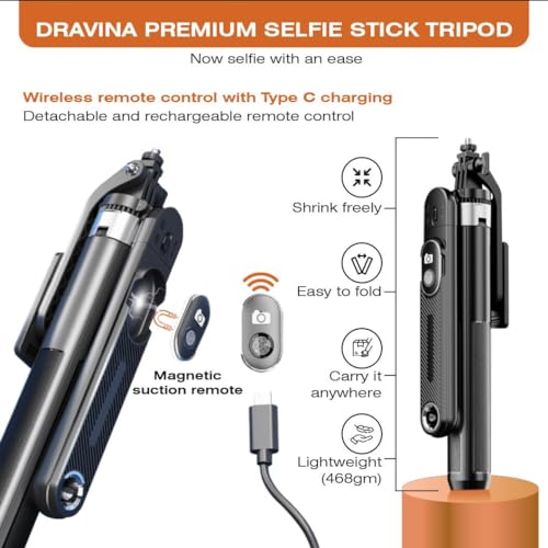 Dravina Selfie Stick with Rechargeable Remote. 180cm Tripod Stand with Stable 4 Leg Design, 360° Rotation, 270° Tilt, Balance Handle Tripod for iPhone, Camera, Gopro, Ring Light, Shooting - Image 2