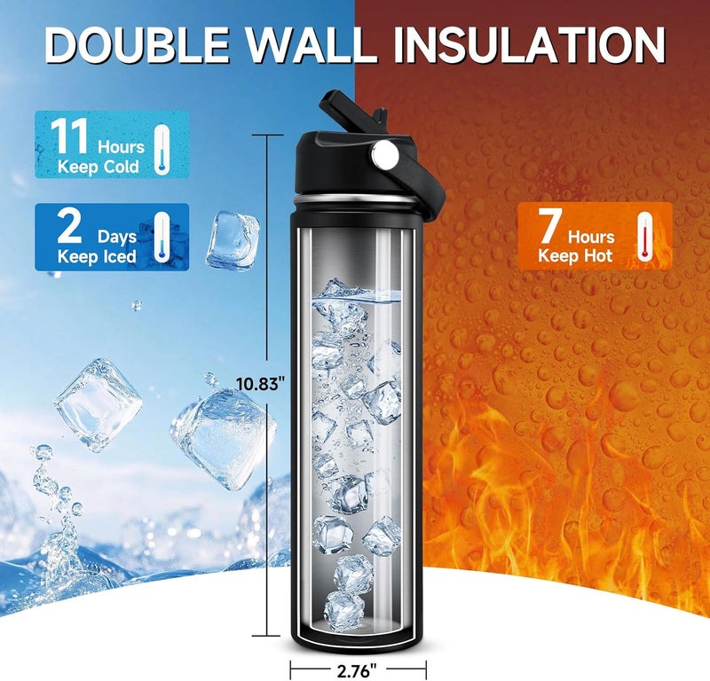 OZERO 24 Oz Insulated Stainless Steel Water Bottle with Lid and Straw - Double Wall Tumbler for Hot & Cold Drinks, Fits in Car Cup Holder, Leak-Proof Water Bottle for Sports, Gym and School - Image 3