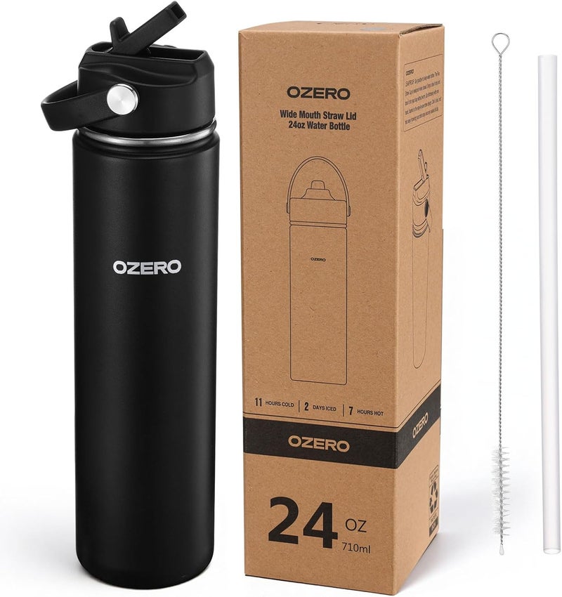 OZERO 24 Oz Insulated Stainless Steel Water Bottle with Lid and Straw - Double Wall Tumbler for Hot & Cold Drinks, Fits in Car Cup Holder, Leak-Proof Water Bottle for Sports, Gym and School - Image 1